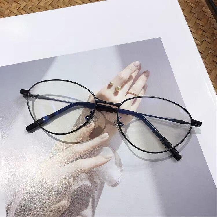 Pure Desire Plain Face Cat Eye Flat Mirror High Intelligence Retro Metal Silver Edge No Degree Square Round Face Myopia Glasses Frame Women