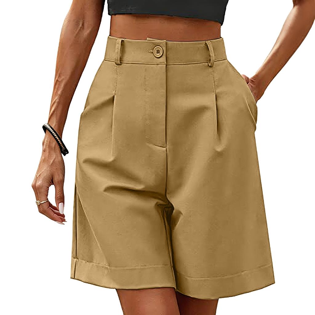 High Waist Casual Women's Shorts with Button Closure and Pockets Relaxed Fit Mid-Thigh Length Summer Bottoms for Everyday Wear
