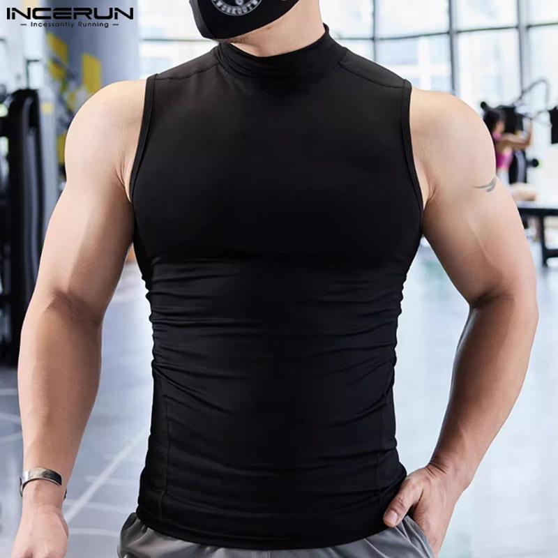 INCERUN Summer Men Sleeveless Back Patchwork Stretch Skinny Tank Tops T-shirts