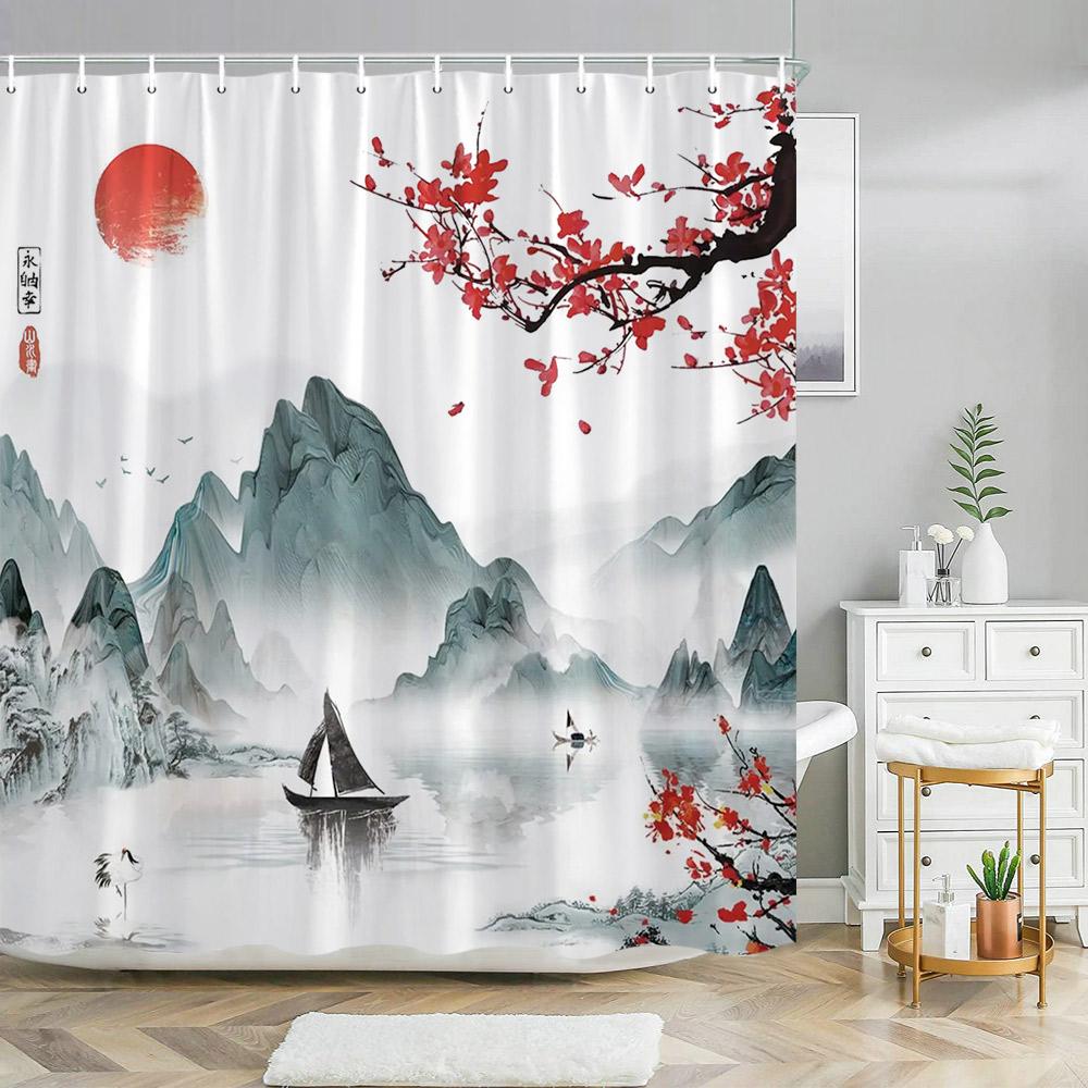 Chinese Landscape Landscape painting Shower Curtain Ink Painting Landscape Polyester Fabric Washable Bath Curtain Bathroom Decor