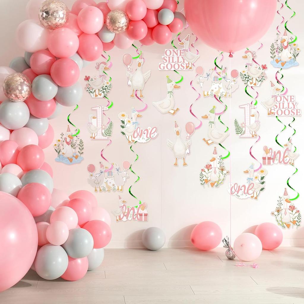 Epakh 20 Pcs One Silly Goose Hanging Birthday Swirl Pink Party Swirl One Silly 1st Goose Birthday Decorations for Girls Pink Bow Goose Party Supplies