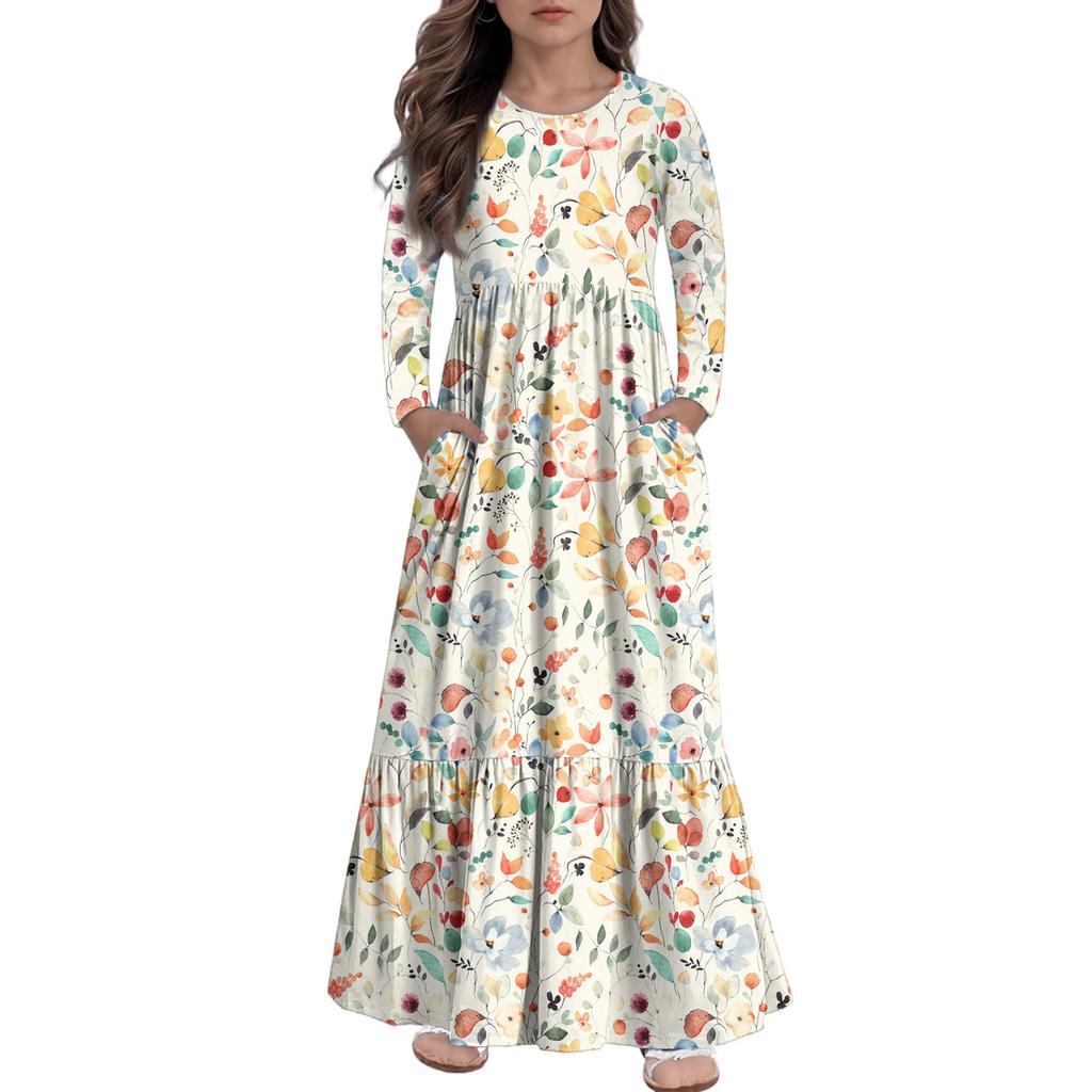 Girls' Maxi Dress Casual Holiday Dresses - Long Sleeve Dress With Pockets For 4-14Y