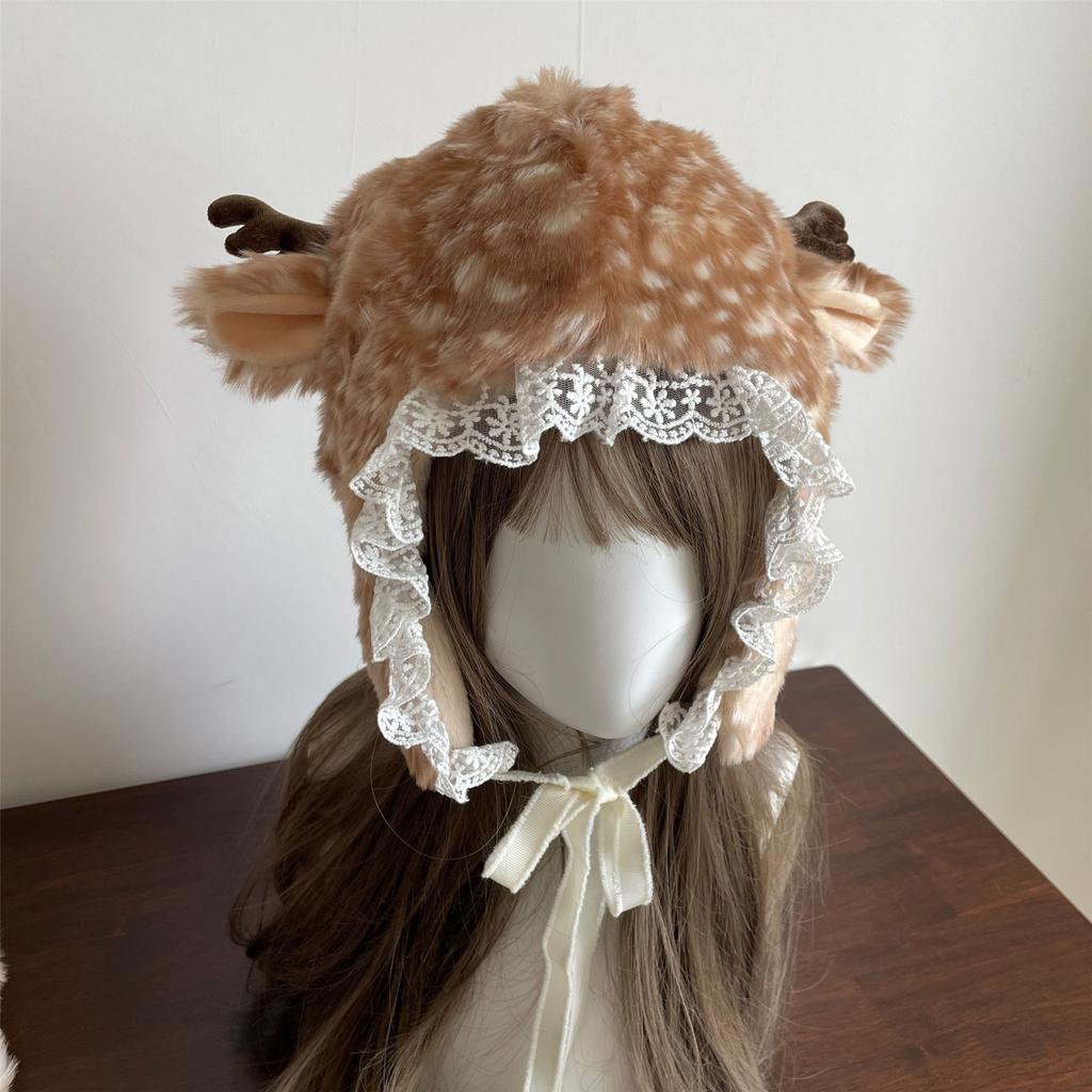 Furry Leg Warmer for Girls Cartoon Deer with Lace Brim Oversized Headgear Lovely Hat Cosplay Photo Props