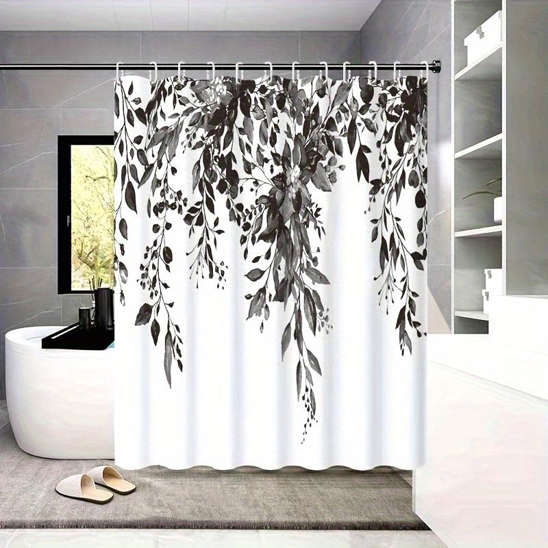 1 Black Leaf Pattern Polyester Shower Curtain - Machine Washable, All Seasons Fabric, Suitable for Bathroom Decoration