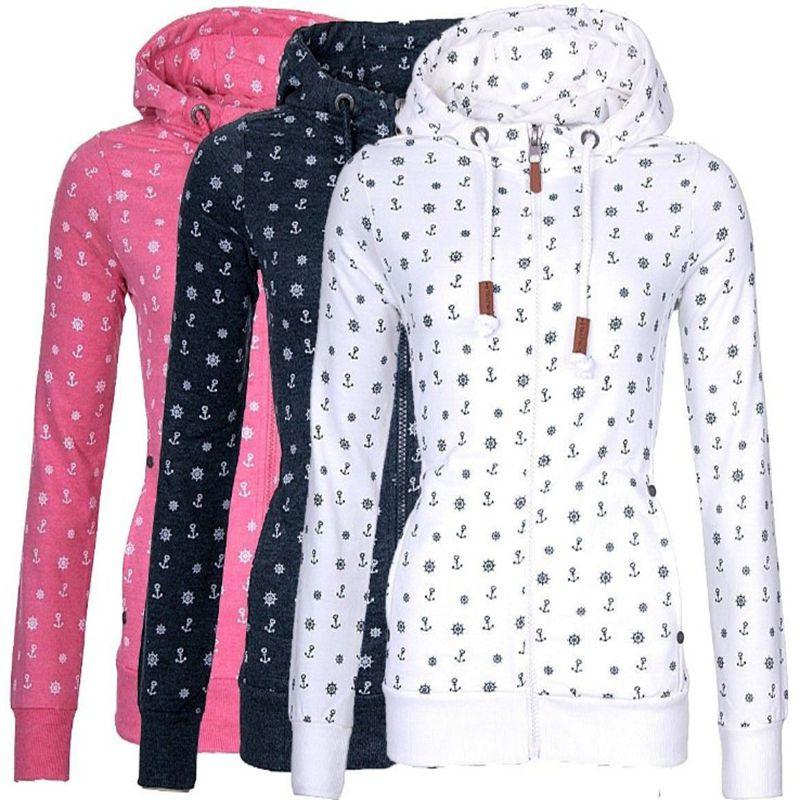 Luxuriöser und weicher Damen-Kapuzenpullover aus Fleece mit Seeanker-Print und Reißverschluss