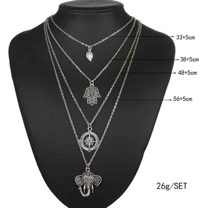 Boho Punk Fashion Retro Alloy Palm Sun Multilayer Necklace Leaf Pendant Elephant