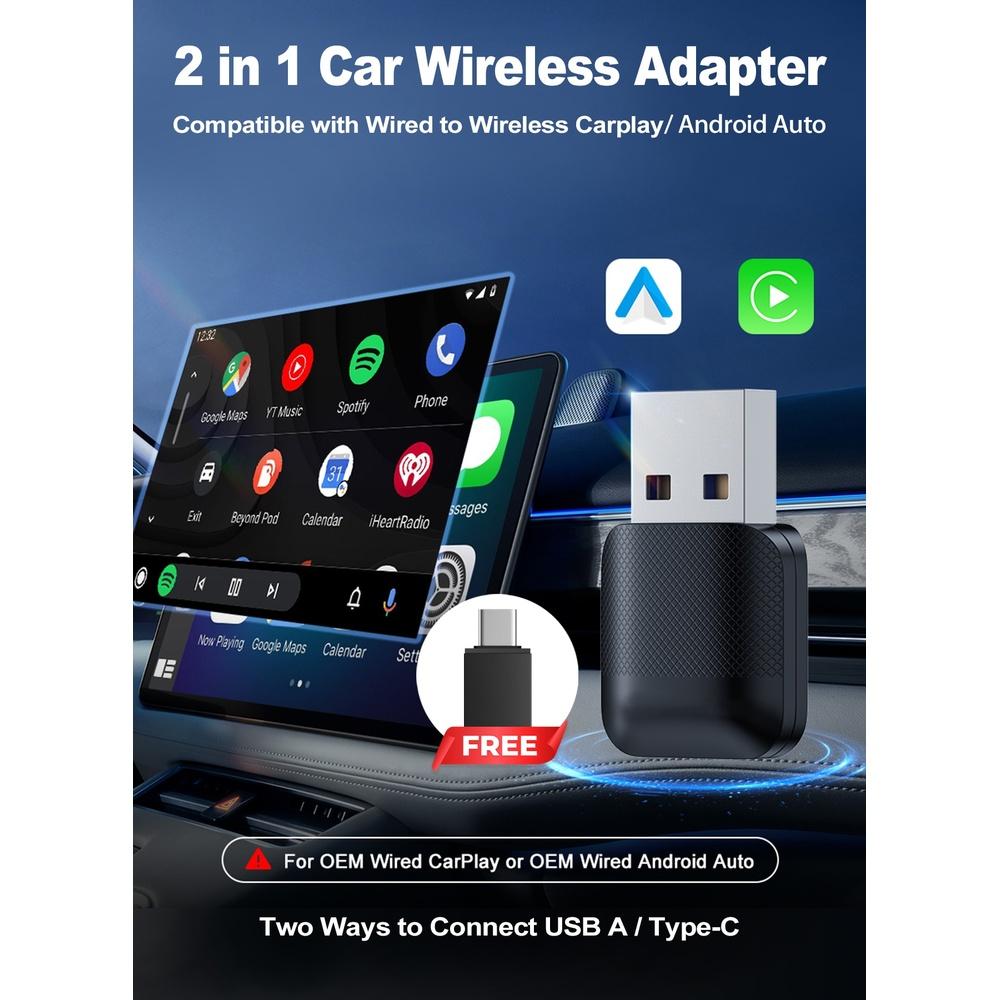 

2-in-1 Wireless CarPlay & Android Auto Adapter Plug & Play CarPlay Dongle Converts Wired to Wireless Fast Auto-Connect No Delay Compact Design for iP