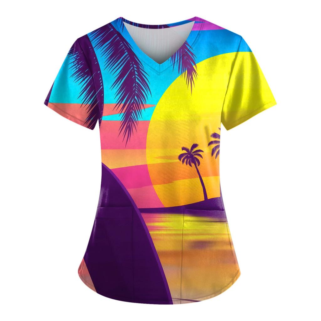 Hawaiian Top For Women Fashion Printed Short Sleeve V Neck Pattern Tops Pocket Working T-shirts
