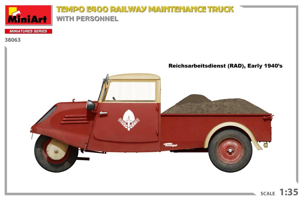 MiniArt Scale Tempo E400 Railway Maintenance Truck with 4 Plastic MA38063 1/35 Figures, Model,