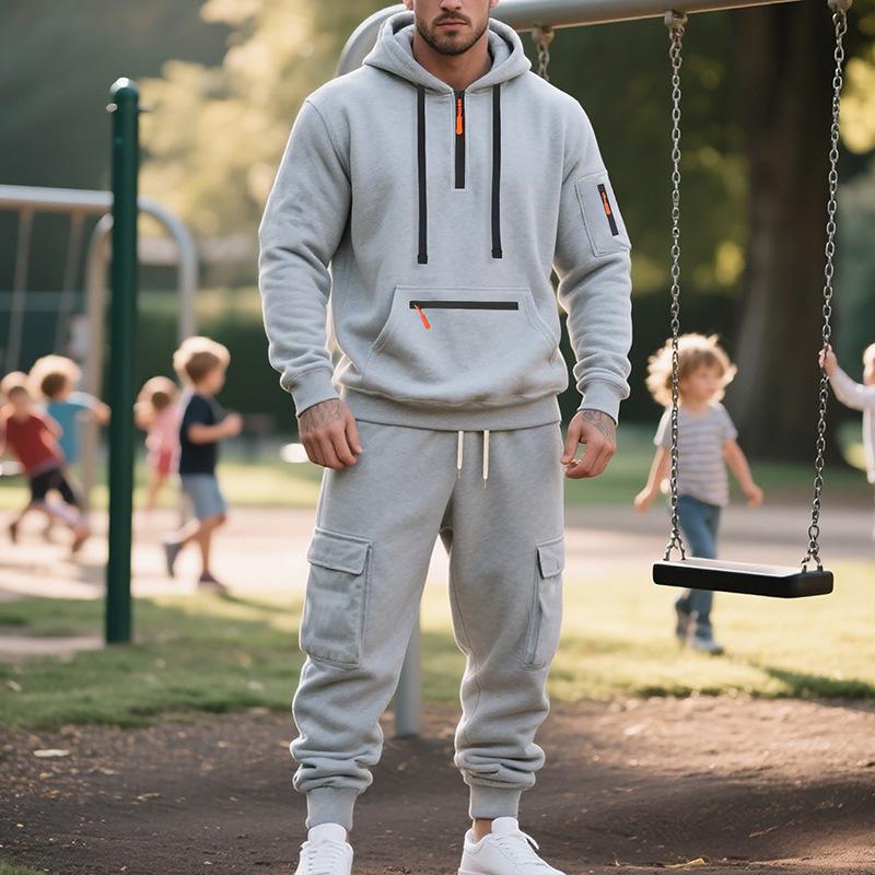 Autumn Winter Men's Fleece Zipper Hoodie & Multi-Pocket Workwear Pants Set