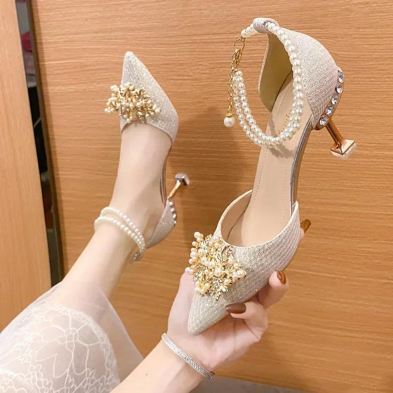 Fashion Shoes for Women Fashion Pointed Metal Beaded Solid Women's High Heels Summer Leisure Banquet Women Wedding Dress Pump 2025