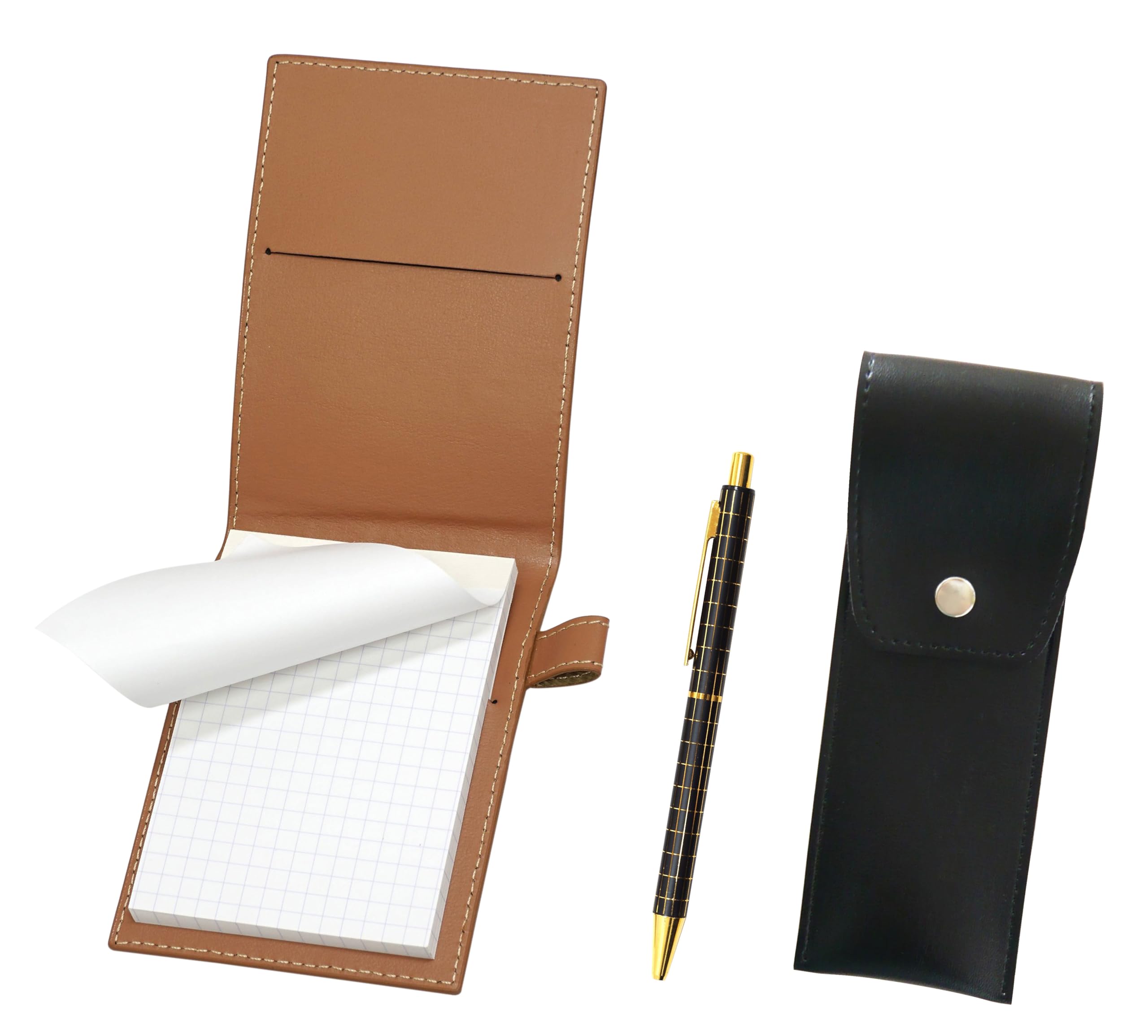 

Recycled cowhide mini notebook cover Mocha with round button pen case black Standard size metal straight knock double anodized black lattice ballpoint