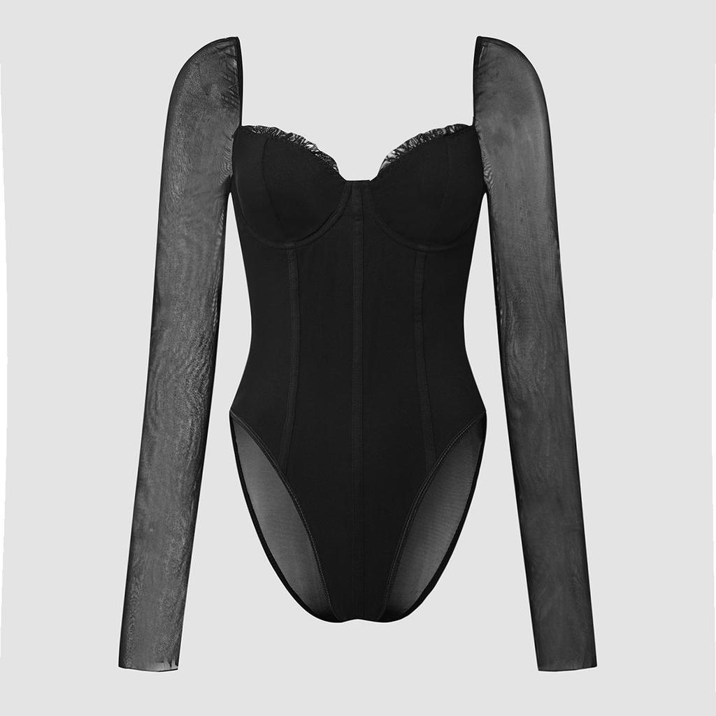 European & American Style Sexy Double Layer Mesh Ruffle Slimming Bodysuit