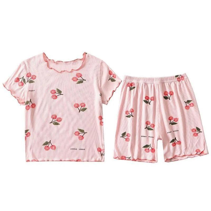 Set Pijama de Vară pentru Fete cu Imprimeu Flori de Cireș, Șort și Tricou cu Stretch în 4 Direcții, Amestec Respirabil de Modal pentru Purtare la Culcare și Joacă pentru