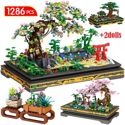 Mini zahradní bonsai Stavebnice Třešňový květ Borovice Pavilon 3D model Cihlová rostlina Hrnková domácí dekorace Dětská hračka Dárek