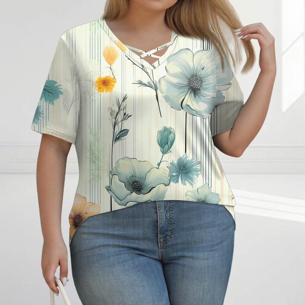 Women's Fashion Casual Solid Colour Stripe Printed V-Neck Short Sleeve Large Size T-Shirt Top