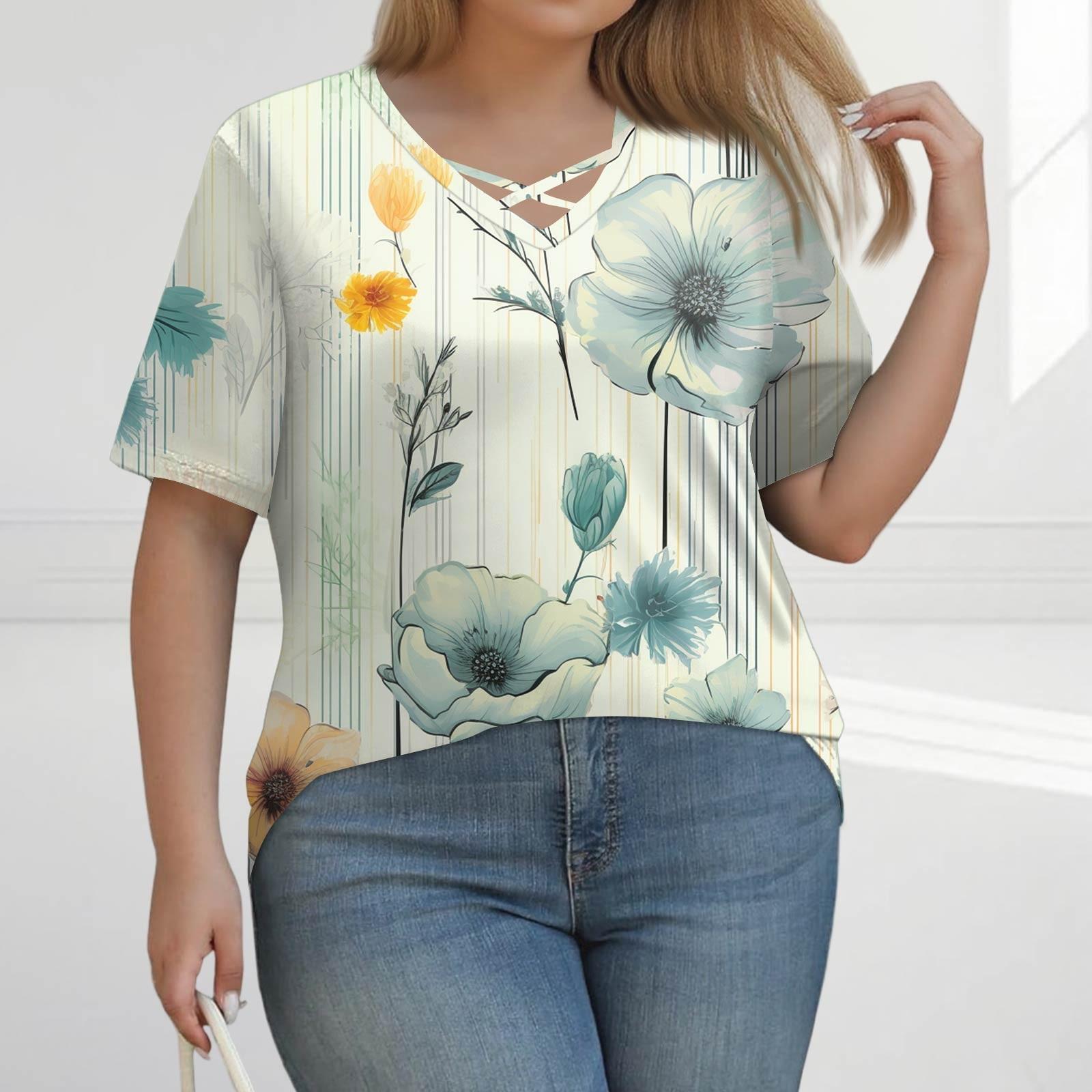 

Женская модная повседневная однотонная полосатая футболка с V-образным вырезом и коротким рукавом большого размера XL