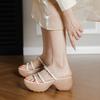 Roman Holiday Style High-end Soft-soled Heightened One-word Open-toed Platform Sandals Thin Strips Wood Grain Wedge Heel Muffin Shoes