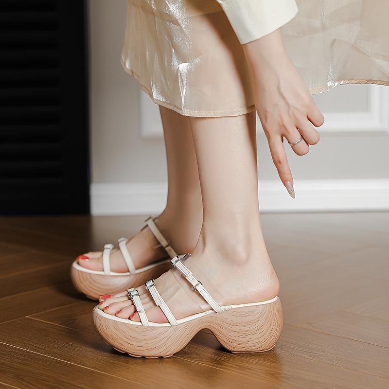 Roman Holiday Style High-end Soft-soled Heightened One-word Open-toed Platform Sandals Thin Strips Wood Grain Wedge Heel Muffin Shoes