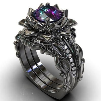Anello Nero Canna di Fucile Tre Pezzi Anello da Donna Zirconi Incastonati Rosa Gioielli