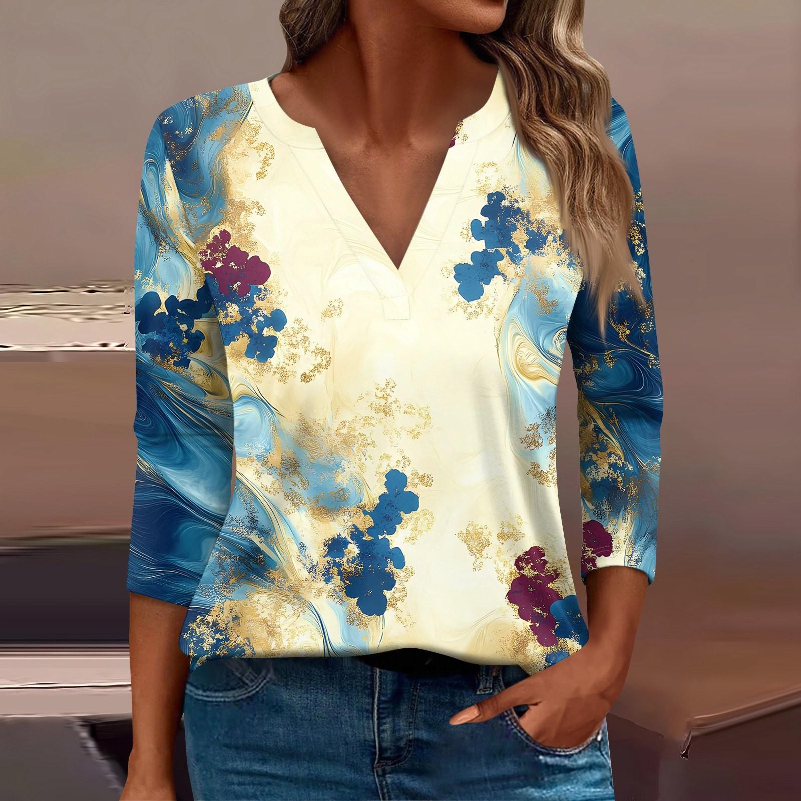 

Женская футболка Футболка с принтом Рукав 3/4 Повседневные Выходные Мода Базовый V-образный вырез Обычный топ L хаки