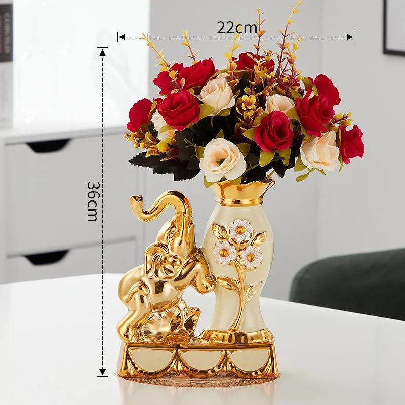 Keramik-Elefantenvase im europäischen Stil – Dekorative Figur mit künstlichen Blumen für Zuhause oder Tischplatte