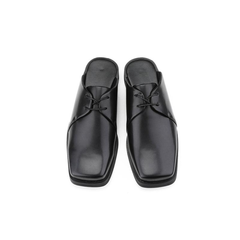 Summer new half-drag leather shoes personalized black square scalp slippers