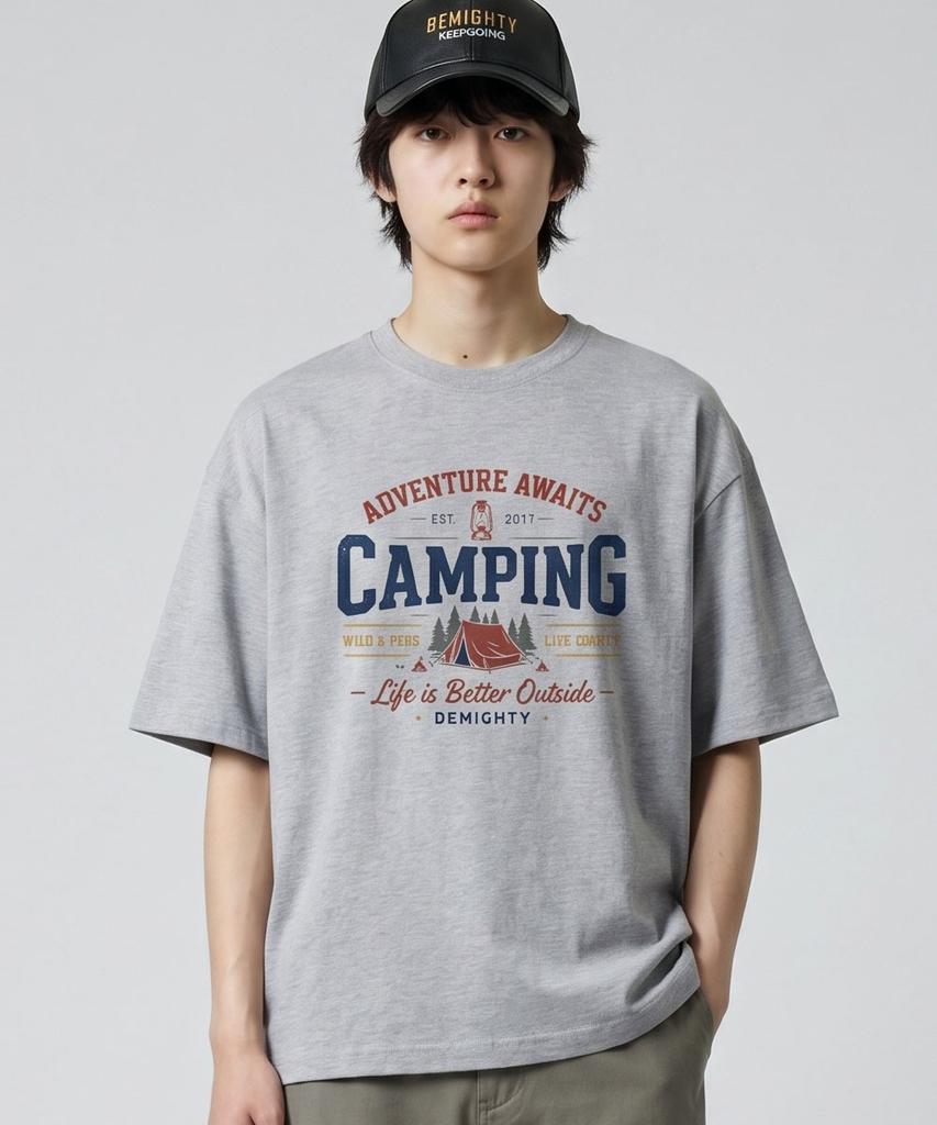 BEMIGHTY Camping Vintage Drawing Oversized Short Sleeve T-Shirt [Dark Gray]