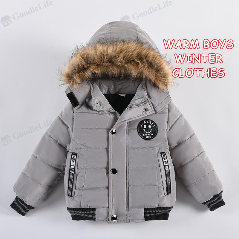 

Kids Winter Hooded Cotton Coat Fashion Smiley Face Jacket for Boys Warm Outwear M сірий колір