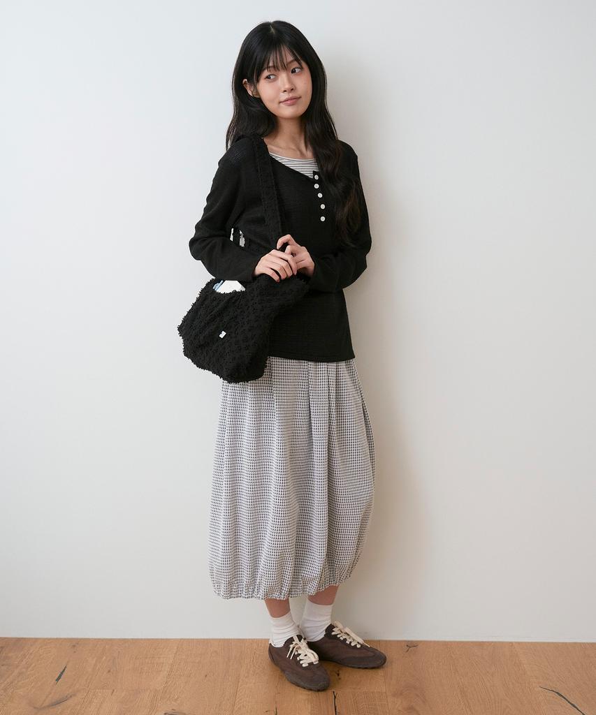 Sayu Seersucker Balloon Long Skirt Navy Check