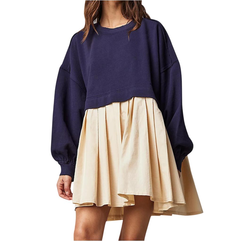 Women's Color Block Pleated Sweatshirt Dress Casual Loose Fit Two Piece