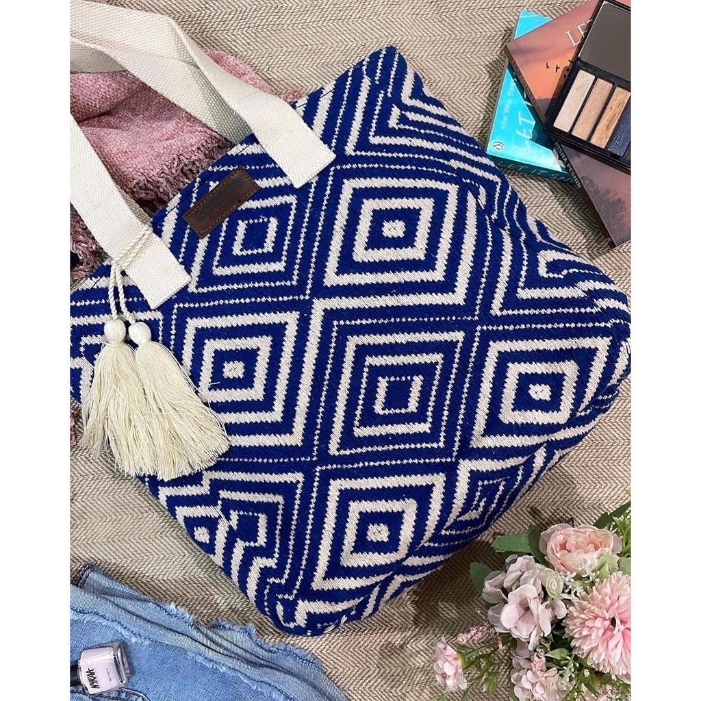Blue Diamond Textured Cotton Tote Bag
