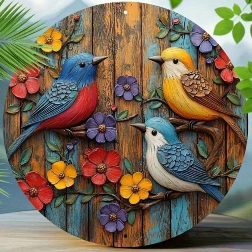 Vintage Metal Tin Sign 20x20 cm Round Wall Art Bird Flower Decoration for Living Room