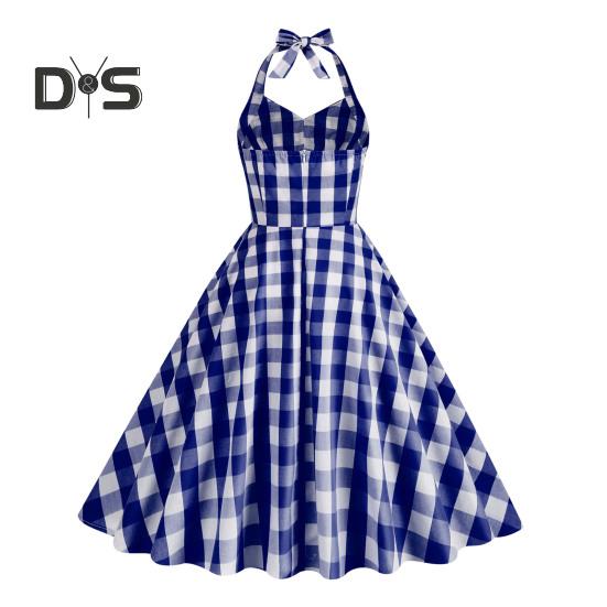 1950er Jahre Damen Rosa Kariertes Ärmelloses Kleid Schnürung Schleife Neckholder Versteckter Reißverschluss Skater Saum Cocktailparty Swing Kleid Hohe Taille A-Linie Kleid