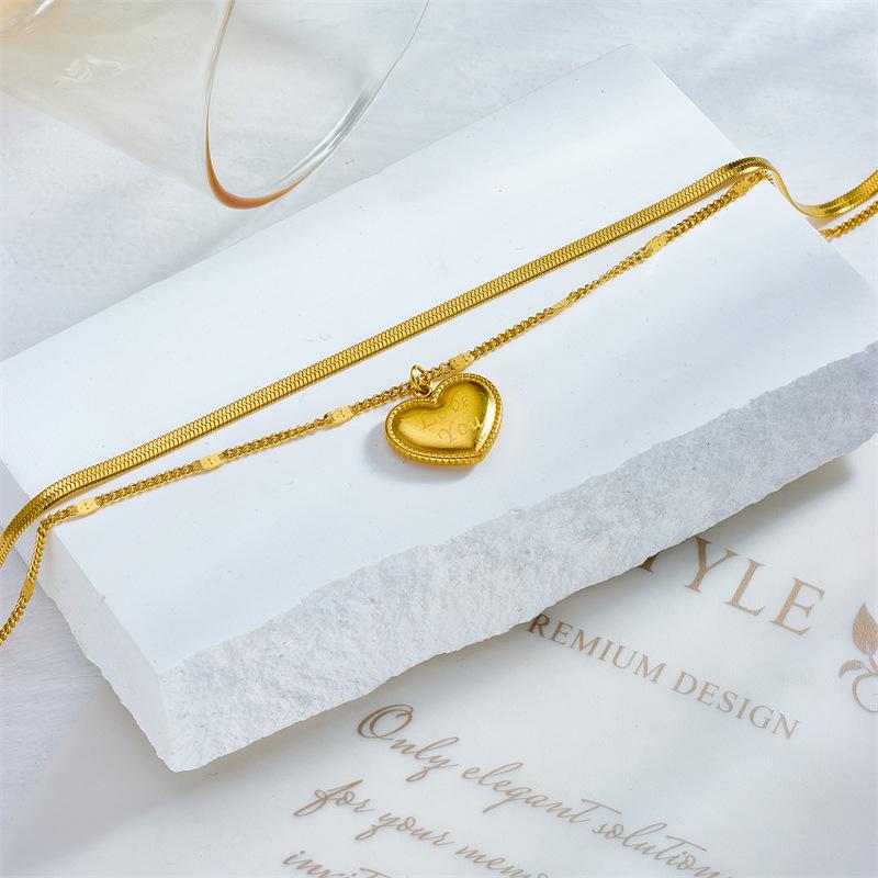 Gold Stainless Steel Double Snake Chain Heart Anklet Women Non-tarnish Puffed Charm