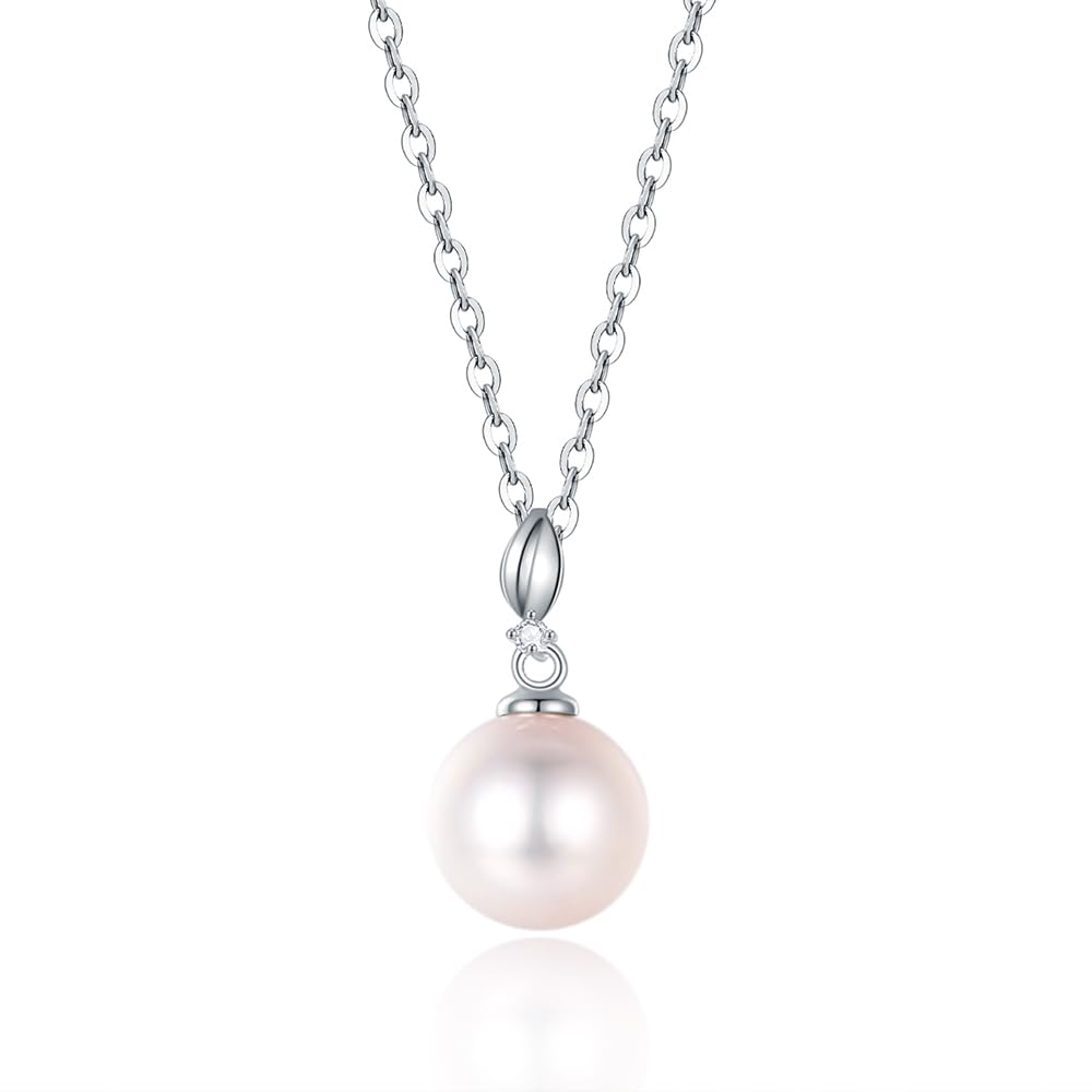 

[FANCIME] Diamond Necklace for Women, K14 White Gold, Natural Freshwater Pearl (7-8mm), 1 Pearl, Lab-Grown Diamond, Pearl Bud Design, Silver Chain, Lu
