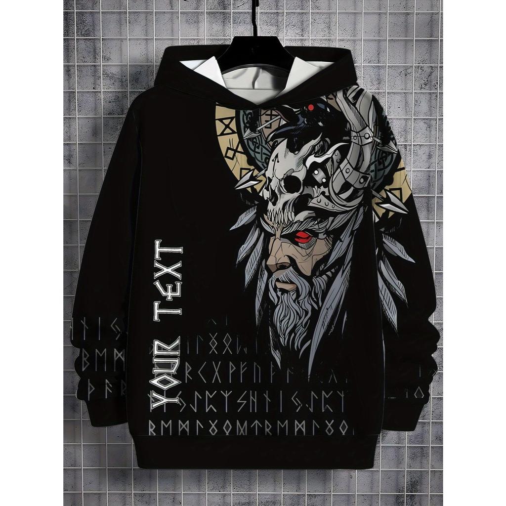Boys' 3D Printed Nordic Mythical Hoodie - Black Viking Skull and Rune Pattern, High Quality Printing