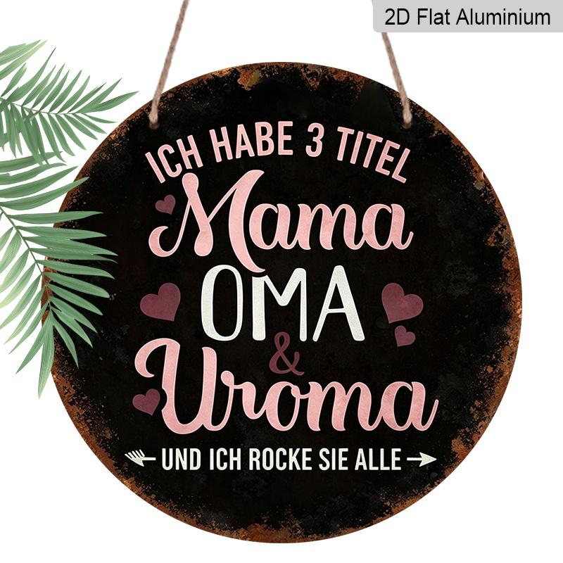 

2D Flat, 1pc Round Aluminum Hanging Sign - Mama Oma Uroma German Quote Metal Wall Art, Vintage Black Distressed Style with Pink Hearts, Perfect for 7.87x7.87in