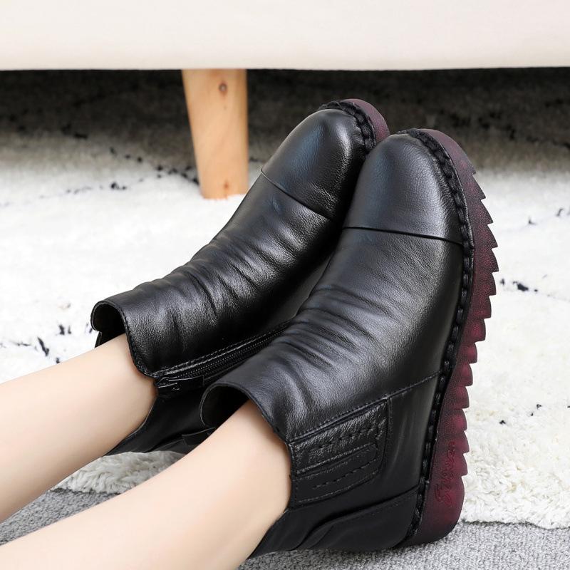 Botas de Couro Genuíno Femininas Mantêm Quentes Sapatos Zíper Sapatos Femininos Tamanho Grande Botins Flat Casual Botas de Inverno Femininas