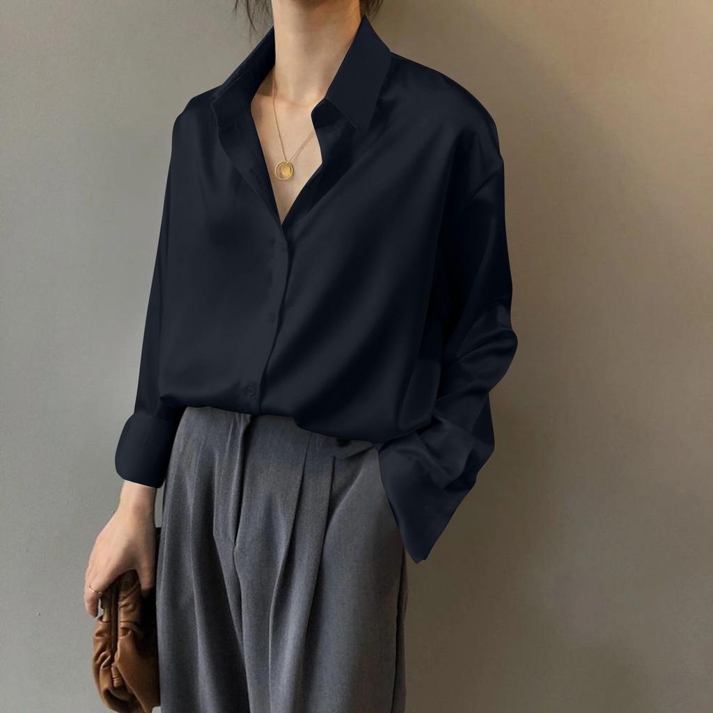 Dámská ležérní jednobarevná košile na knoflíky Retro dlouhý rukáv visící top