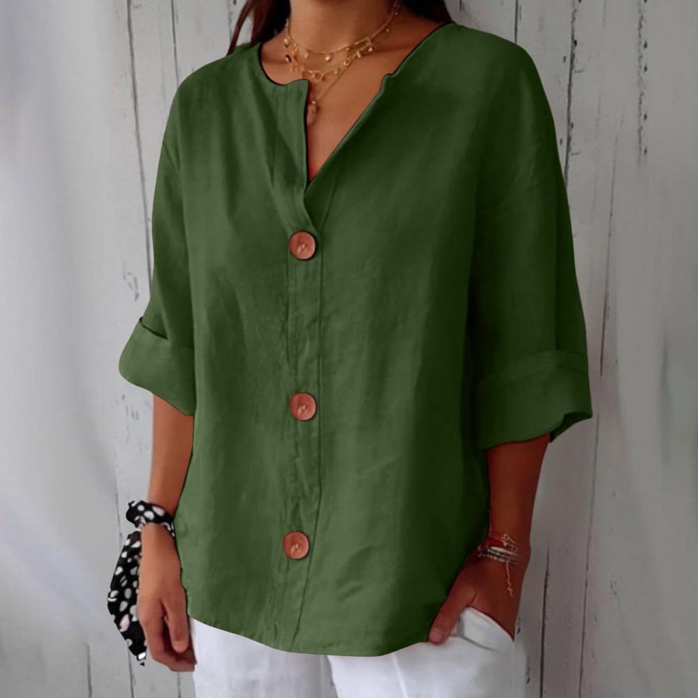 Spring and Summer Loose T-shirt Women's V-neck Cotton and Linen Button Up Top
