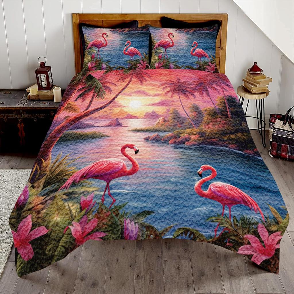 Pink Flamingo Bedding Set Palm Leaves Printed Decor Duvet Cover Twin Size Tropical Green Plants Floral Pattern Nature Themed