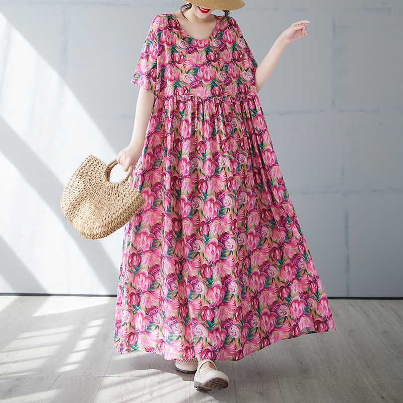 Women's Simple and Fashionable Long Skirt Summer Short Sleeved Round Neck Printed Dress