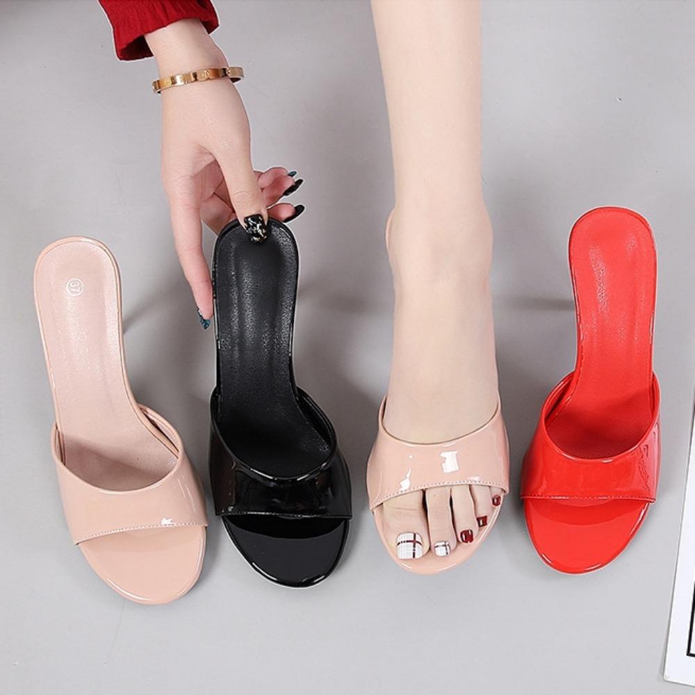 Women Slippers Outside New Summer High Heel Slippers Women's High Heeled Slippers Patent Leather Women Sandals Large Size