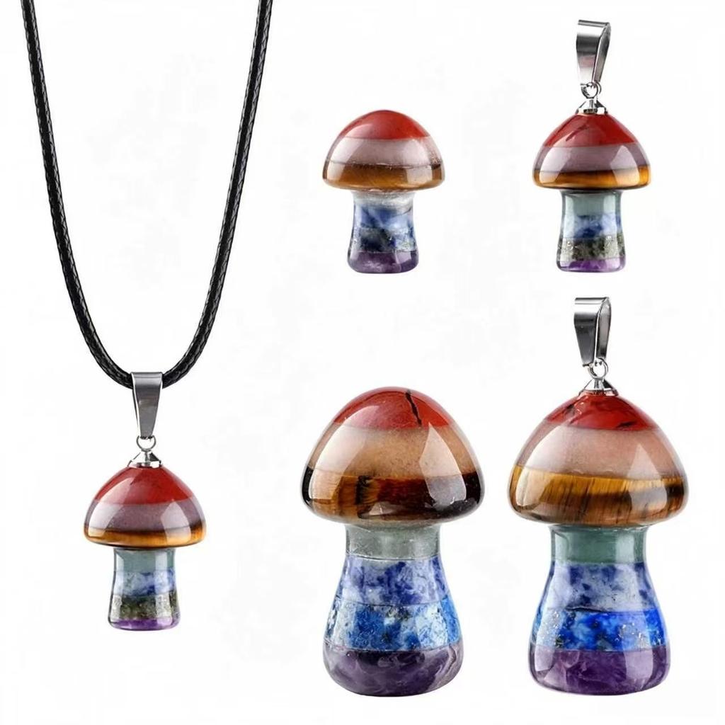 7 Chakra Mushroom Pendant Necklace Healing Crystal Pendant Crystal Mushroom Gemstone With Leather Cord Spiritual Jewelry Gift