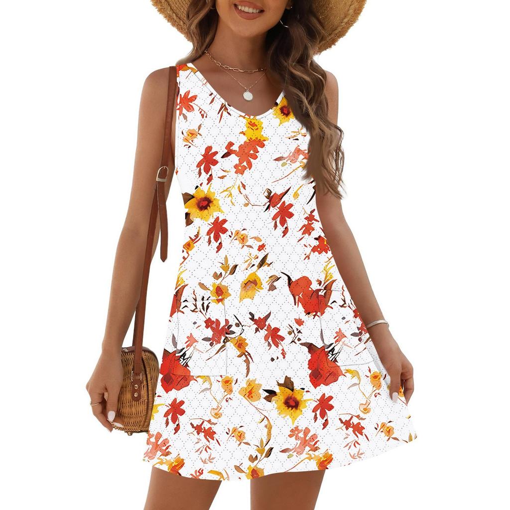 Damenmode Lässig Sommer Ärmellos Tasche V-Ausschnitt Vintage Blumenmuster Kleid Strand Sommerkleid