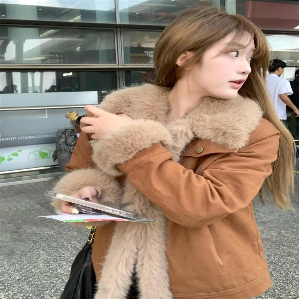 Fashionable Brown Plus Velvet Denim Jacket Women's Rabbit Fur Collar All-match Slimming and Thickening Trend Cotton Jacket