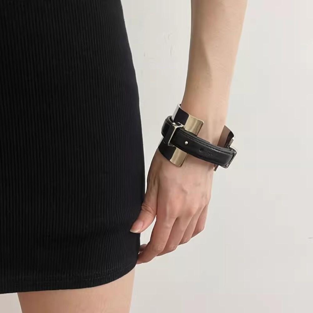 Silver Exaggerated Metal Bangle Armlet Women Open Bangle Belt Buckle Leather Bracelet  Daily