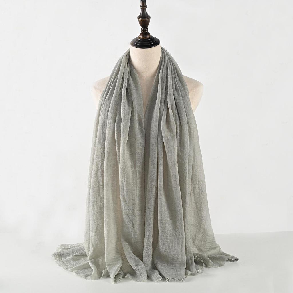Crinkled Cotton-Linen Blend Scarf with Fringe - Solid Color, 90x180cm, Women's Headscarf
