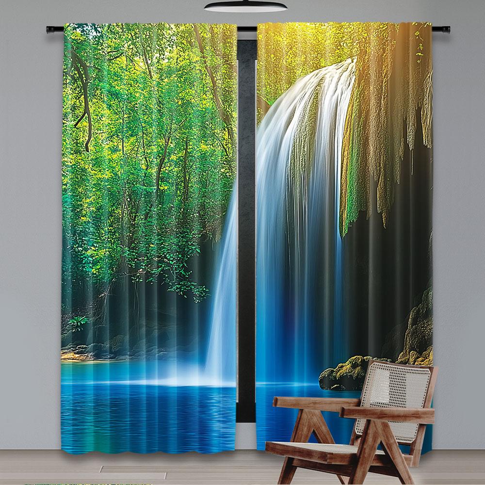 2Pcs Woodland Shower Curtain A Waterfall In Asia Thailand Jungle Of Tropic Plants And Trees Tourist Attraction Living Room